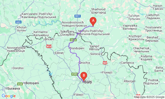 Карта маршруту Чернівці - Бєльці