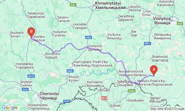 Карта маршруту Чернівці - Чортків