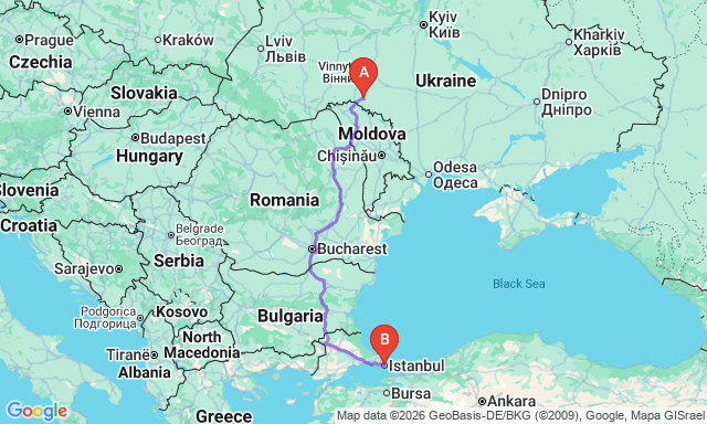 Карта маршруту Чернівці - Стамбул