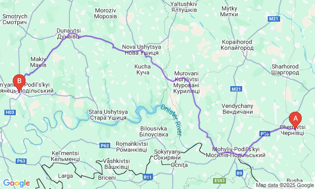 Карта маршруту Чернівці - Кам’янець-Подільський
