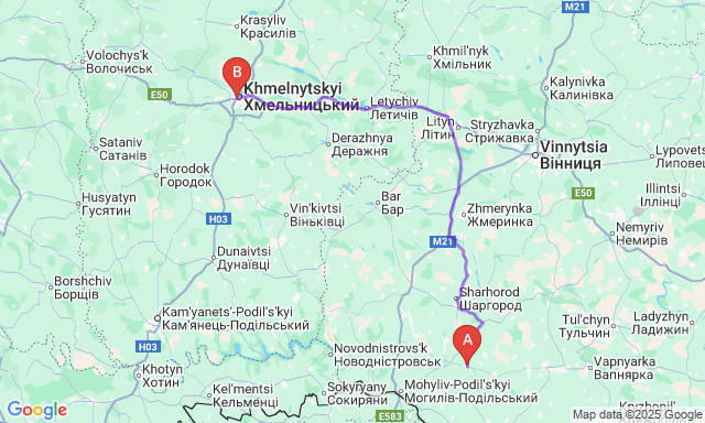 Карта маршруту Чернівці - Хмельницький