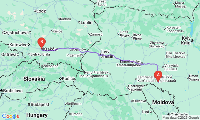 Карта маршруту Чернівці - Краків