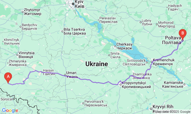 Карта маршруту Чернівці - Полтава