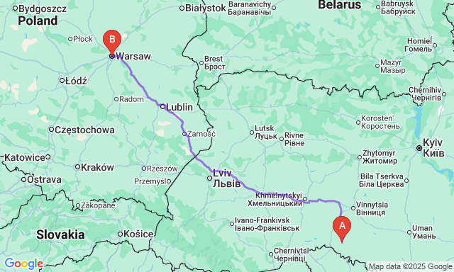Карта маршруту Чернівці - Варшава