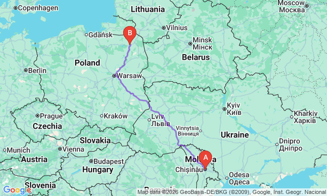 Route map Chișinău - Ełk
