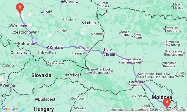 Карта маршруту Кишинів - Острув-Великопольський