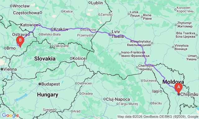 Route map Chișinău - Zlín