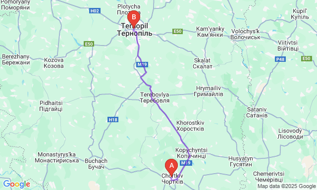 Карта маршруту Чортків - Тернопіль
