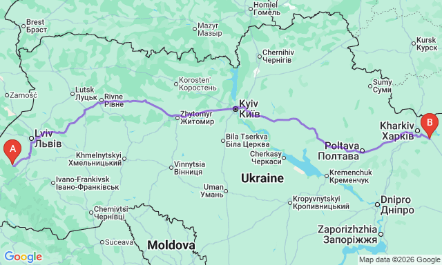 Карта маршруту Чугуїв - Борислав