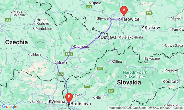 Route map Dąbrowa Górnicza - Bratislava