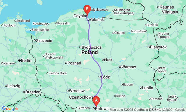Route map Dąbrowa Górnicza - Gdynia