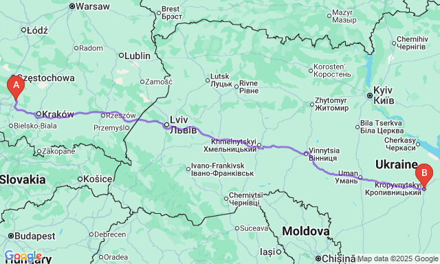 Карта маршруту Домброва-Гурнича - Кропивницький