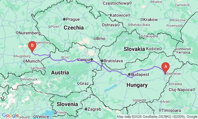 Route map Debrecen - Landshut