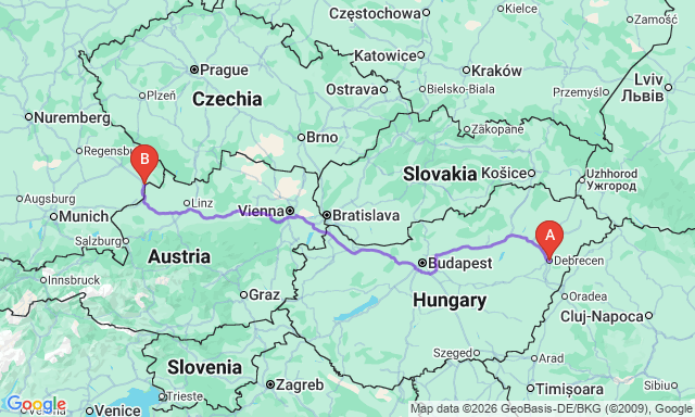 Route map Debrecen - Passau
