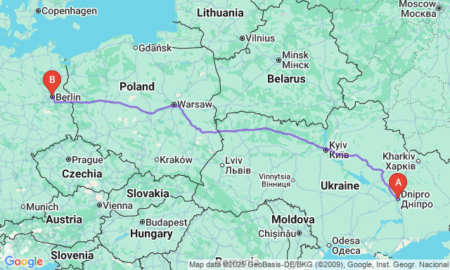 Карта маршруту Дніпро - Берлін