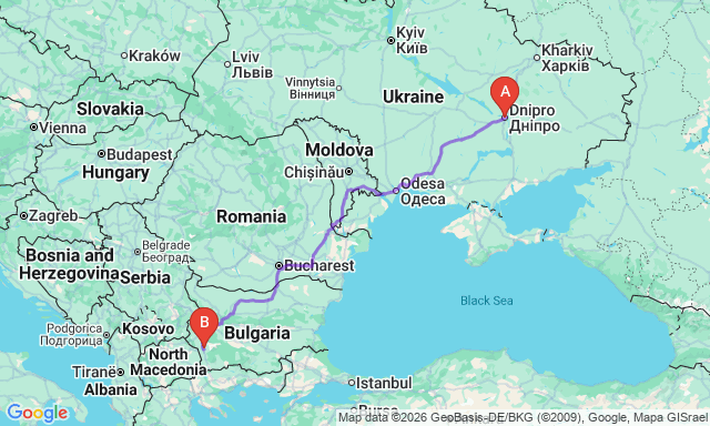 Карта маршруту Дніпро - Благоєвград