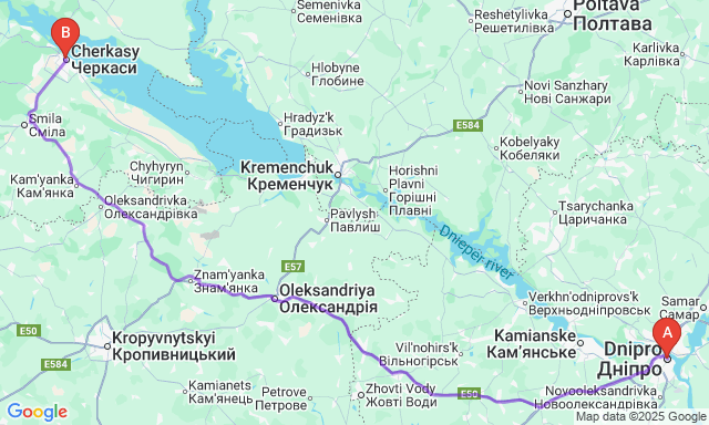 Карта маршруту Дніпро - Черкаси