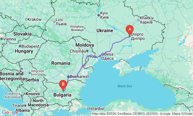 Карта маршрута Днепр - Габрово