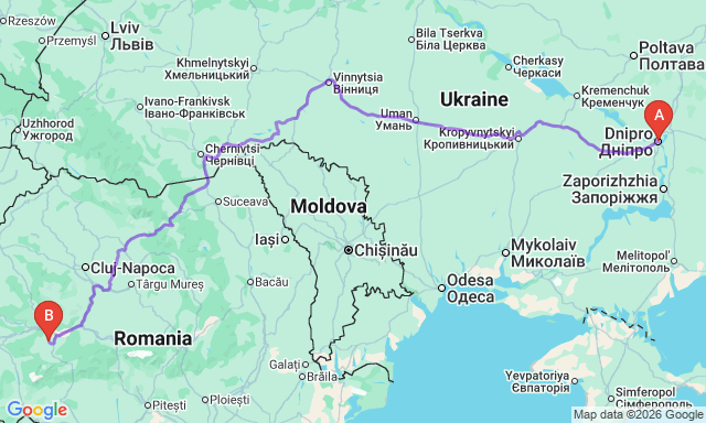 Карта маршрута Днепр - Хунедоара