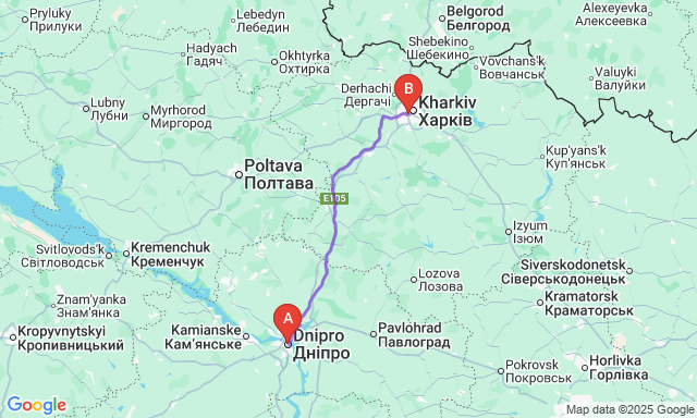 Карта маршруту Дніпро - Харків