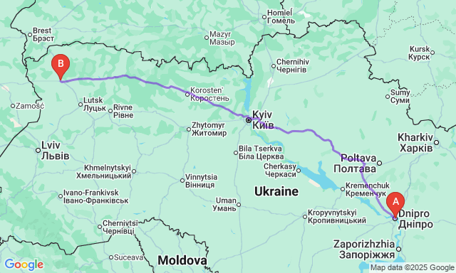 Карта маршруту Дніпро - Ковель