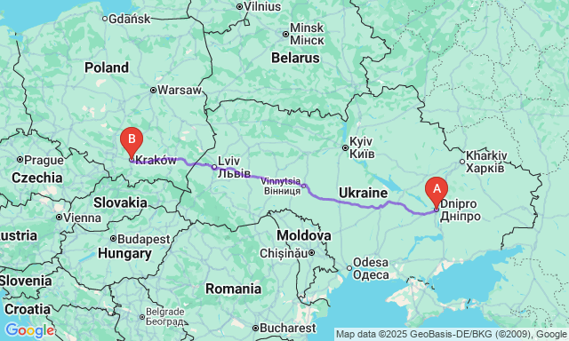 Карта маршрута Днепр - Краков