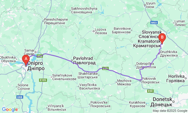 Карта маршруту Дніпро - Краматорськ