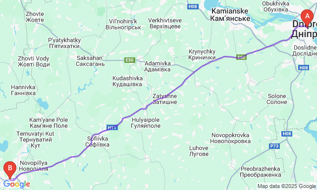 Карта маршруту Дніпро - Кривий Ріг