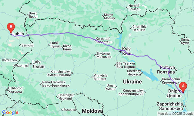 Карта маршруту Дніпро - Люблін