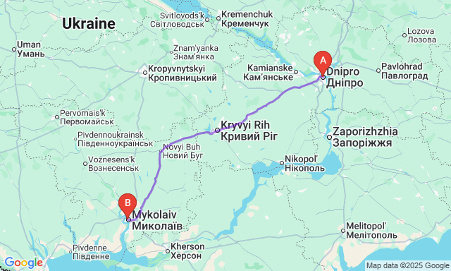 Карта маршруту Дніпро - Миколаїв