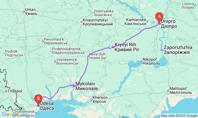 Карта маршруту Дніпро - Одеса