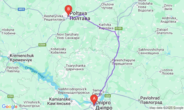Карта маршруту Дніпро - Полтава