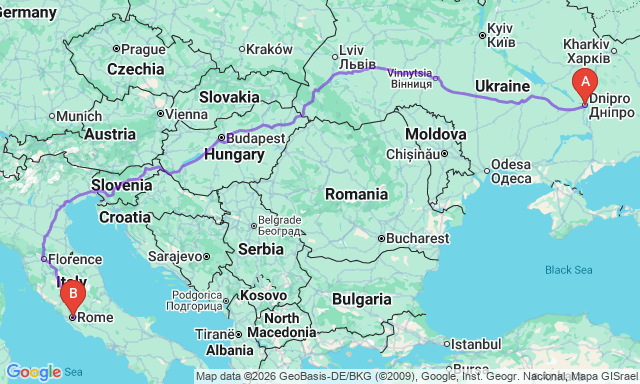Карта маршруту Дніпро - Рим