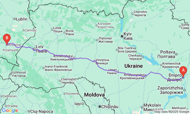 Карта маршруту Дніпро - Ряшів