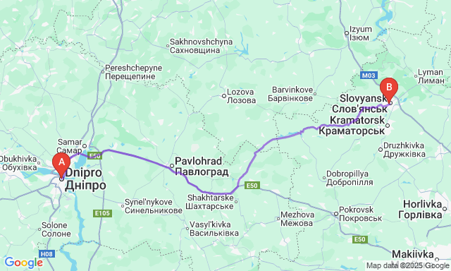 Карта маршруту Дніпро - Слов'янськ