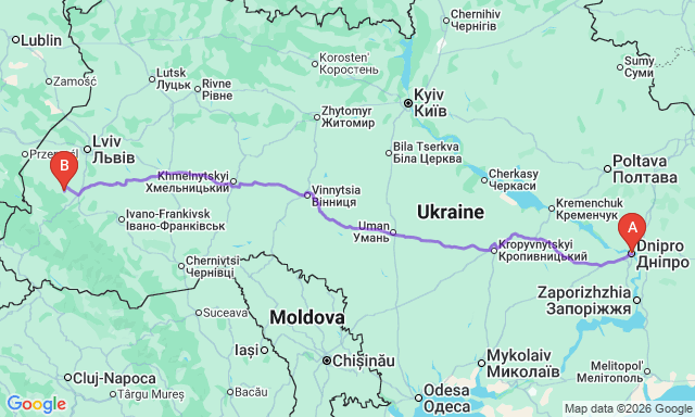 Карта маршрута Днепр - Стебник