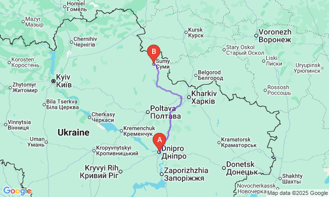 Карта маршруту Дніпро - Суми