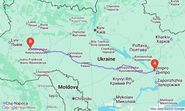 Карта маршруту Дніпро - Тернопіль