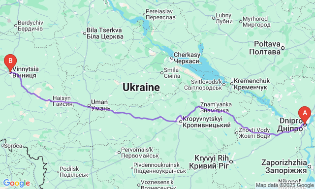 Карта маршруту Дніпро - Вінниця