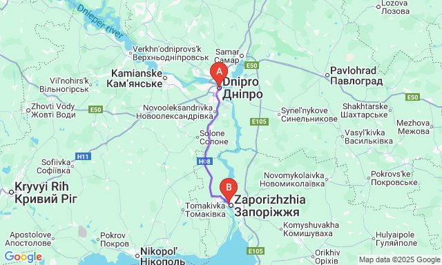 Карта маршруту Дніпро - Запоріжжя