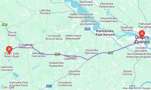 Карта маршруту Дніпро - Жовті Води