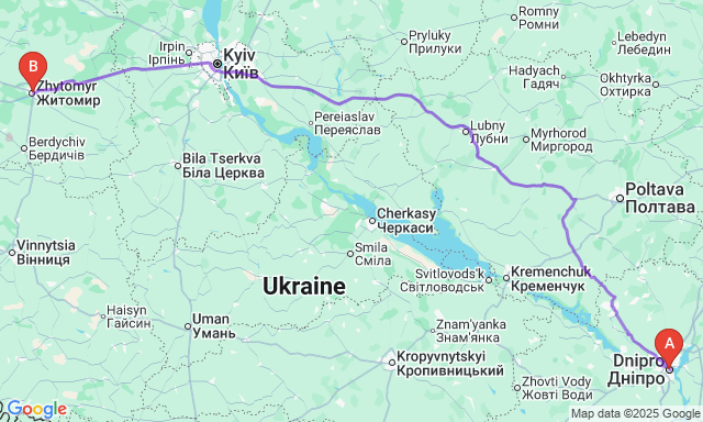Карта маршруту Дніпро - Житомир