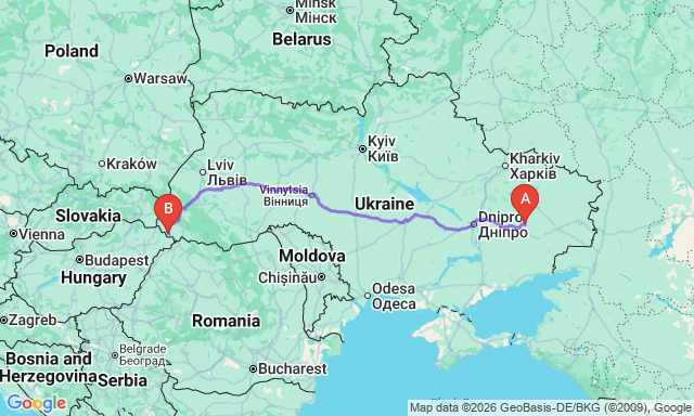 Карта маршруту Добропілля - Берегове