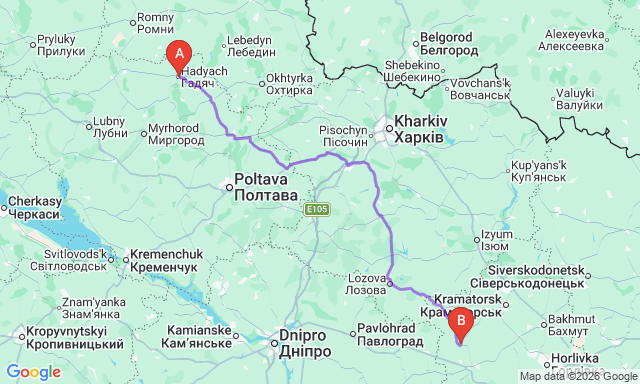 Route map Dobropillia - Hadiach
