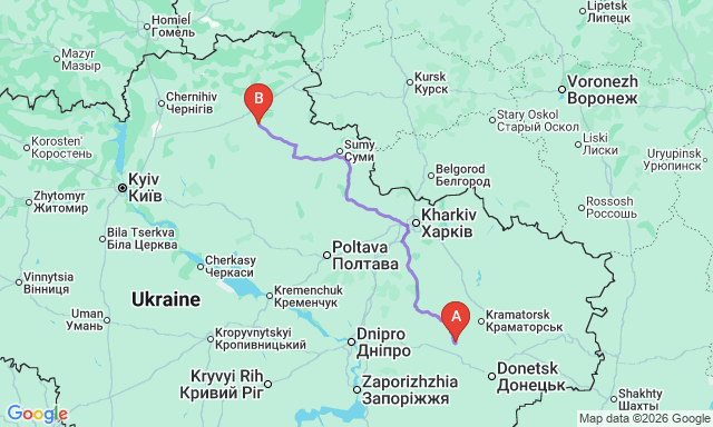 Route map Dobropillia - Konotop