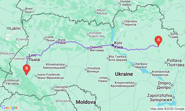 Route map Dolyna - Hadiach