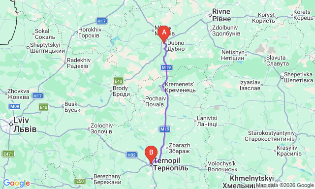 Карта маршрута Дубно - Тернополь