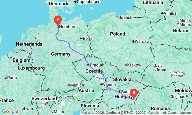 Route map Hamburg - Békéscsaba