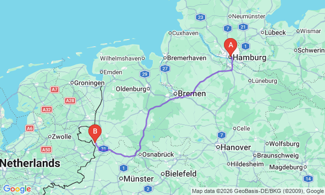 Route map Hamburg - Nordhorn