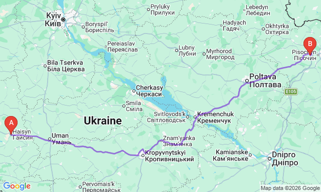 Карта маршрута Гайсин - Люботин